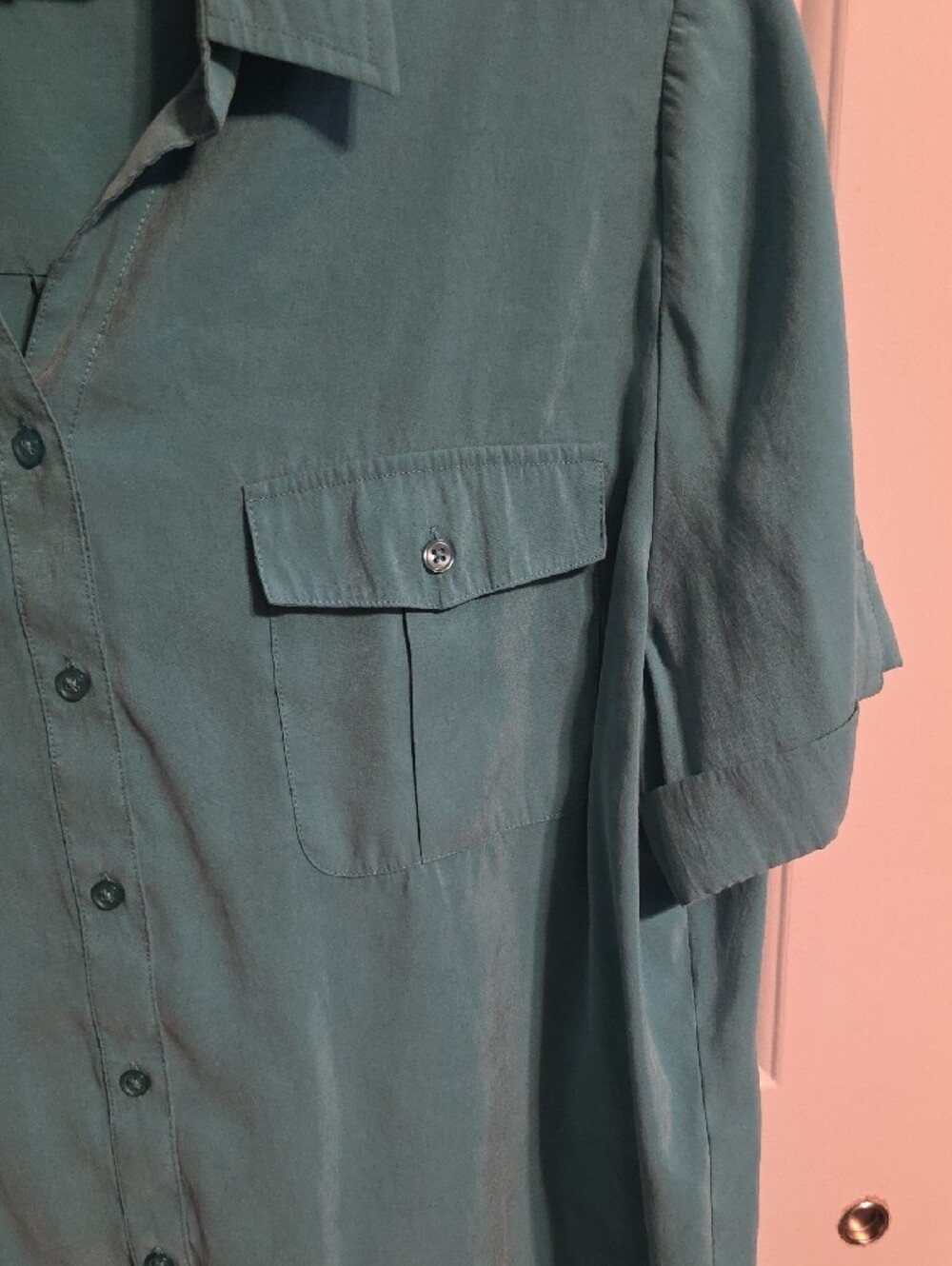 Chico's Teal Short-Sleeve Button-Down Shirt - Picture 3 of 7